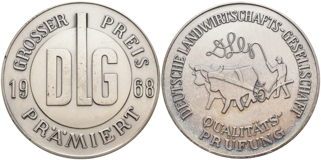 Германия медаль 1968 аудиторское общество по качеству, премирует главным призом DLG, диаметр 61 мм.  белый металл    1069-2-12