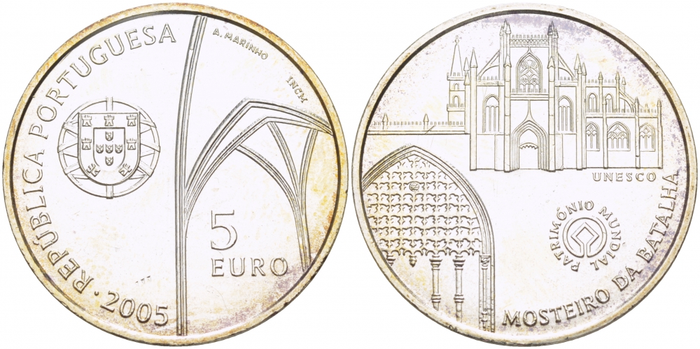 ПОРТУГАЛИЯ 5 ЕВРО 2005 ЮНЕСКО МОНАСТЫРЬ БАТАЛЬЯ KM 769 серебро UNC 06-255-45