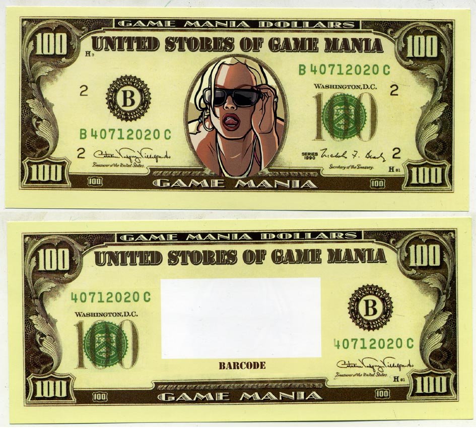 СУВЕНИРНАЯ БАНКНОТА 100 ДОЛЛАРОВ 1990 GAME MANIA бумага UNC (ПРЕСС) 7203-32-3
