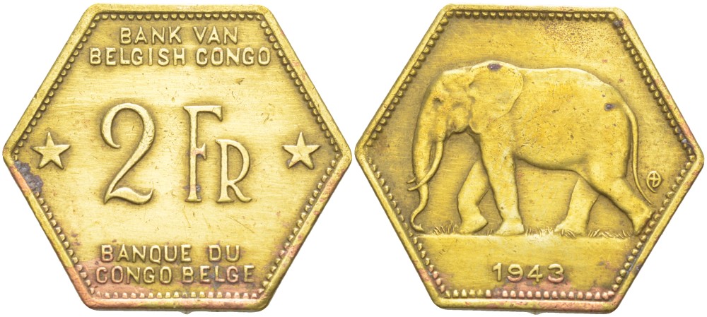 Бельгийское Конго 2 франка 1943 слон, шестиугольная, год тип KM 25 латунь 4541-943