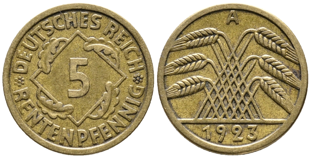 ГЕРМАНИЯ 5 РЕНТЕНПФЕННИГОВ 1923 A KM 32, J. 308 алюминиевая бронза 39-438