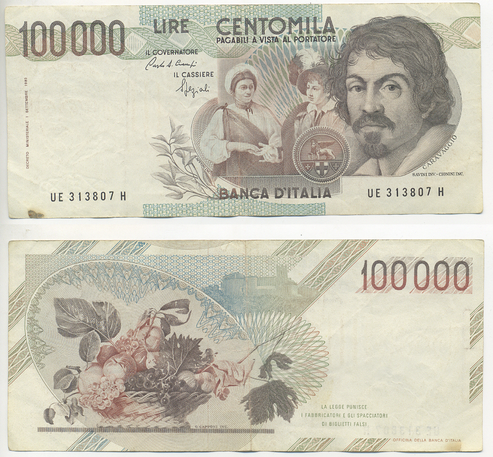 Италия 100000 лир 1983 Караваджо, фруктовый букет, подпись Speziali Pick 110b бумага 7220-11-1