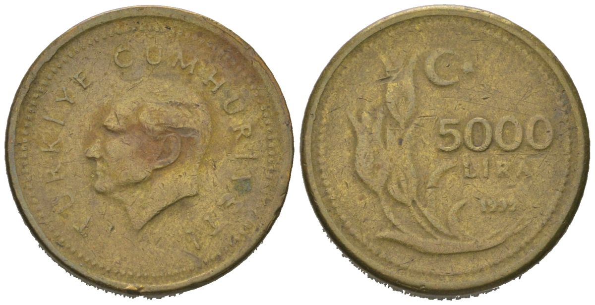 Турция 5000 лир 1995 KM 1029.1 латунь 4158-119