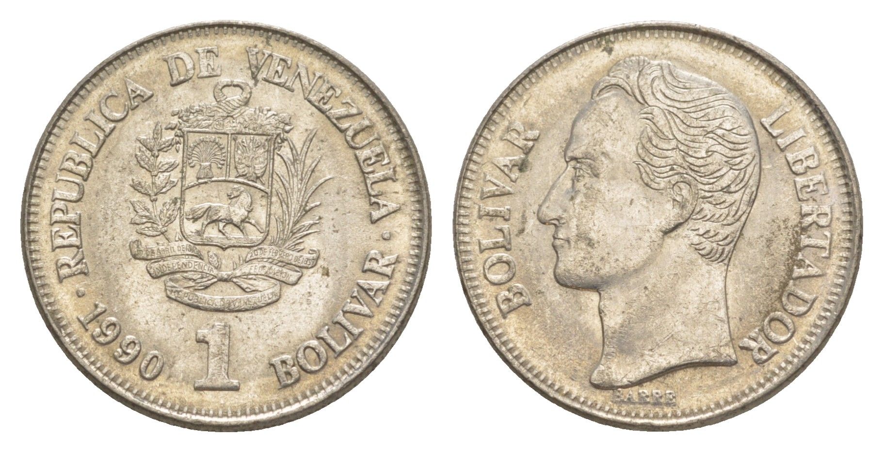 Венесуэла 1 боливар 1990 Симон Боливар, толстый шрифт Y 52a.2 сталь плакированная никелем 4591-416