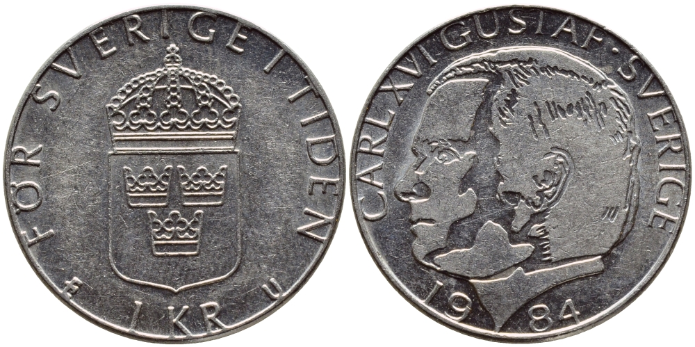 Швеция 1 крона 1984 Карл XVI Густав (1973- ) KM 852a медно-никель 4397-1141