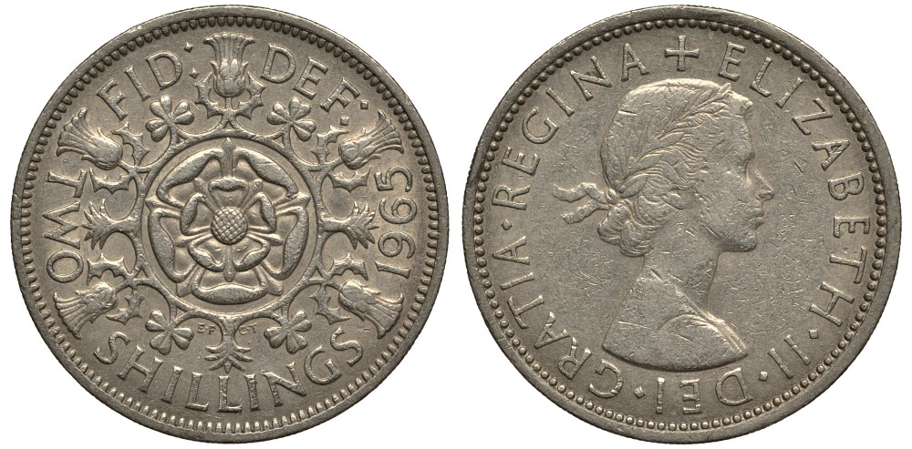 Великобритания 2 шиллинга (флорин) 1965 Елизавета II (1952-2022) KM 906 Spink 4146 медно-никель VG 4185-641