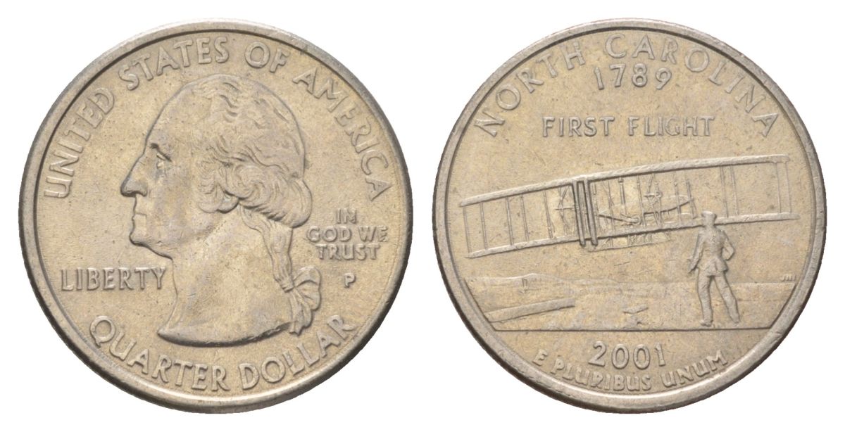 США 25 центов (квотер, 1/4 доллара) 2001 P, Квотер штата Северная Каролина KM 319 медь плакированный медно-никелем UNC 4628-1146