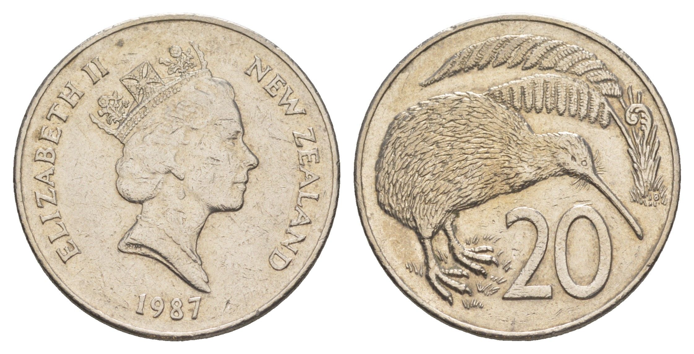Новая Зеландия 20 центов 1987 Елизавета II (1952-2022), птичка киви KM 62 медно-никель 87-1326