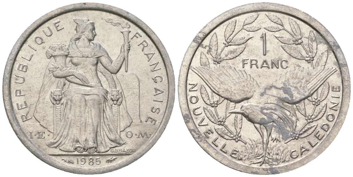 Французская Новая Каледония 1 франк 1985 птица кагу, (IEOM) KM 10, Schoen 10, Lec 47 алюминий 51-3511