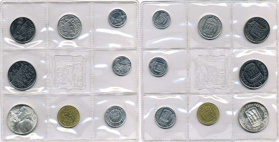 Сан-Марино годовой набор из 8 монет 1973 1, 2, 5, 10, 20, 50, 100 и 500 лир ребёнок держит голубя KM 22-29, в оригинальной пластиковой запайке серебро KM MS2 серебро UNC 5-4-3-42