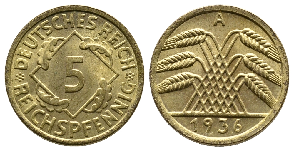 ГЕРМАНИЯ 5 РЕЙХСПФЕННИГОВ 1936 A, KM 39, J. 316 алюминиевая бронза 4380-1035