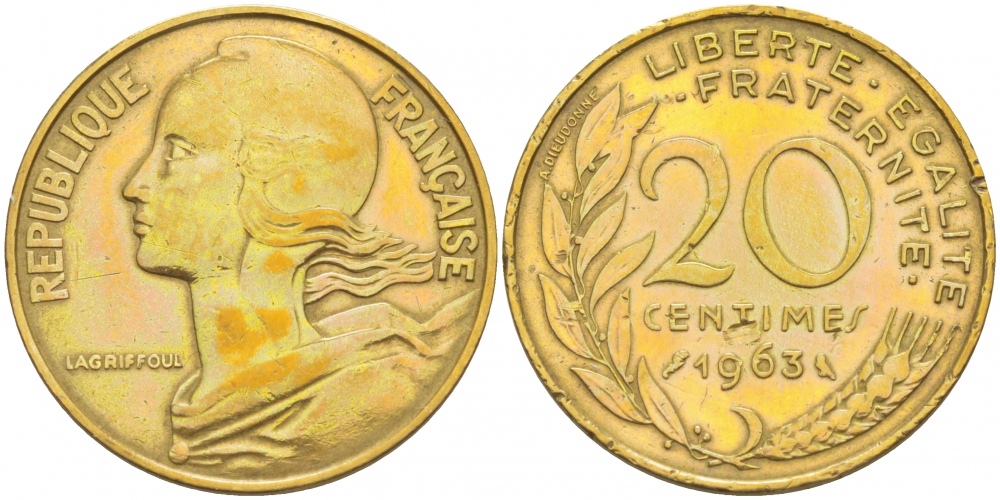 ФРАНЦИЯ 20 САНТИМОВ 1963 KM 930 медь алюминий никель 113-1217