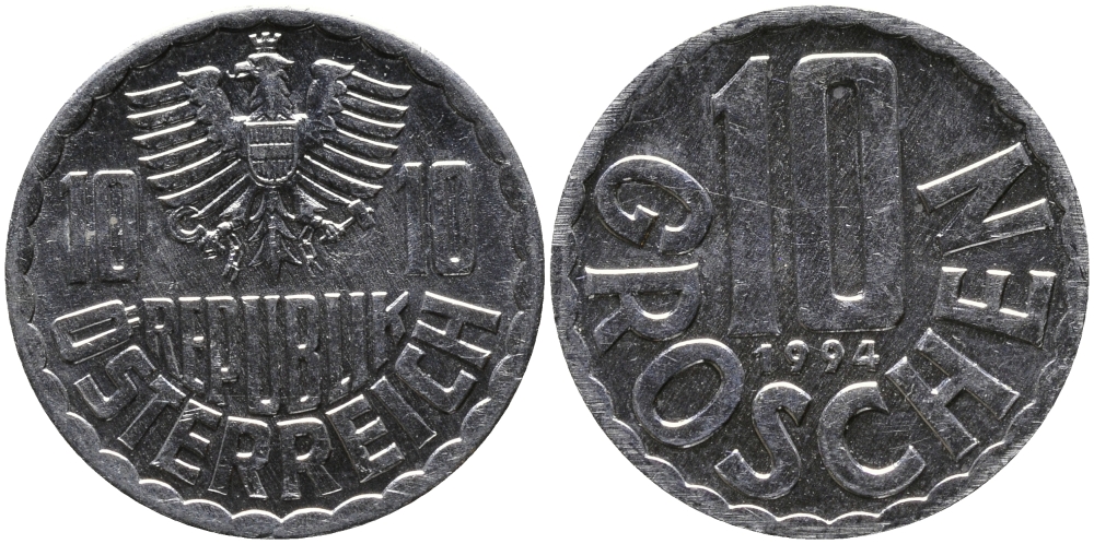 АВСТРИЯ 10 ГРОШЕЙ 1994 KM 2878 алюминий 33-336