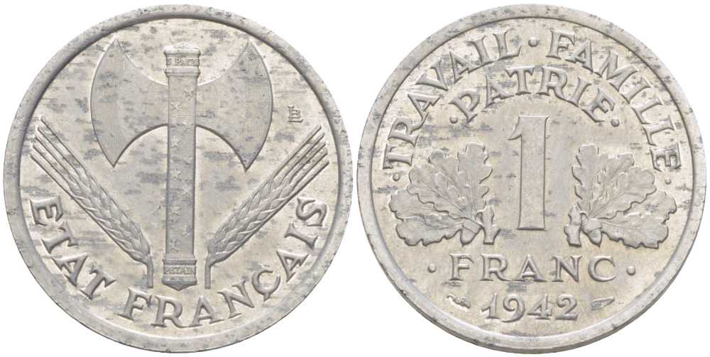 ФРАНЦИЯ 1 ФРАНК 1942 LB, ТИП LOURDЕ, ПРАВИТЕЛЬСТВО ВИШИ KM 902.1, LE FRANC 222.2 алюминий 212-922