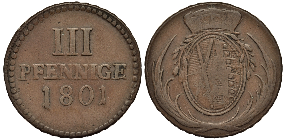 Саксония 3 пфеннига 1801 Фридрих Август III (1763-1806), из коллекции Gerhart RotherI KM 1037, Buck 204 c, Slg. Merseburger - медь 413-6514