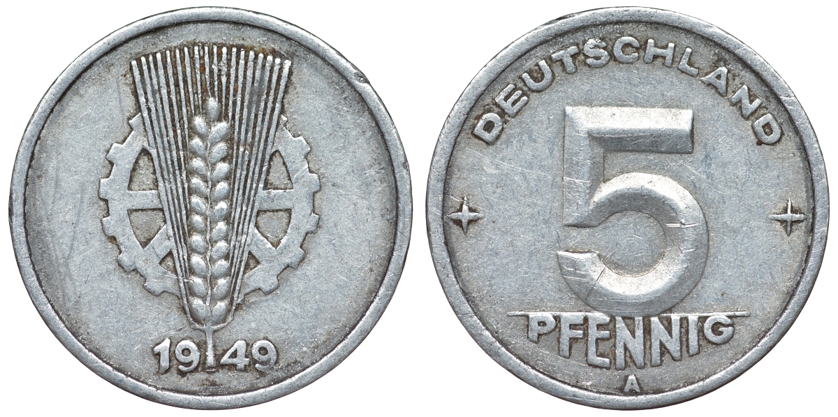 ГДР 5 пфеннигов 1949 A KM 2 алюминий 4119-831