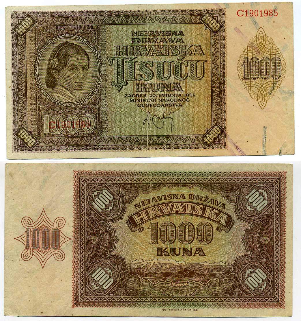 Хорватия 1000 кун 1941 женщина, горы Велебит Pick 4 бумага 6280-16-1-1