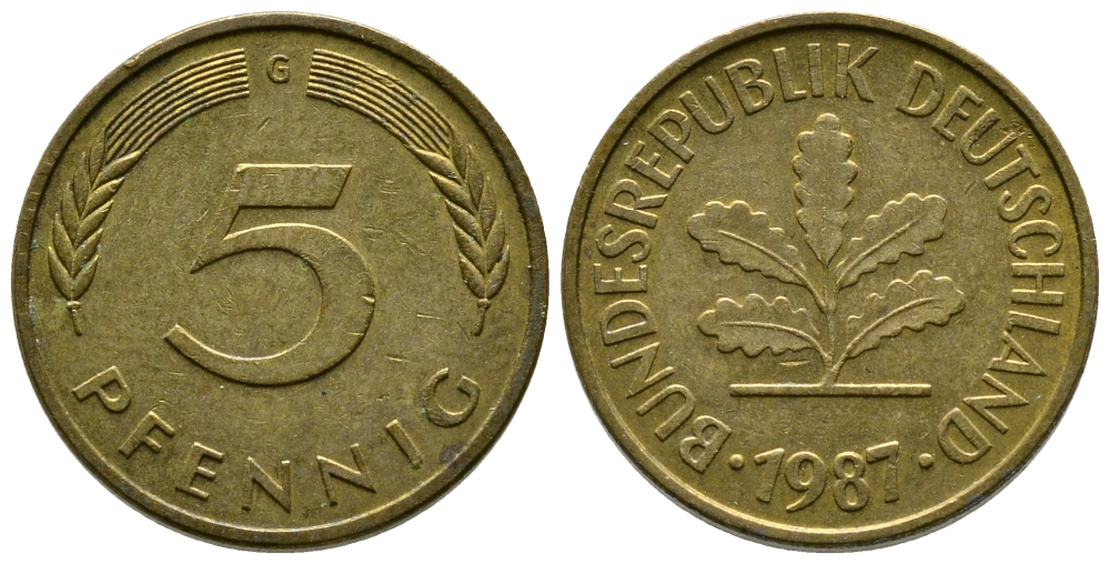 ФРГ 5 ПФЕННИГОВ 1987 G KM 107, J. 382 сталь плакированная латунью 179-1049
