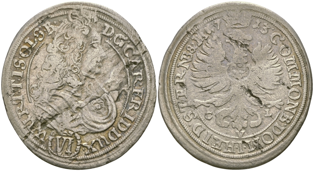 Силезия-Вюртемберг-Эльс 6 крейцеров 1713 CVL, Карл Фредерик Эльский (1704-1744) серебро 65-842