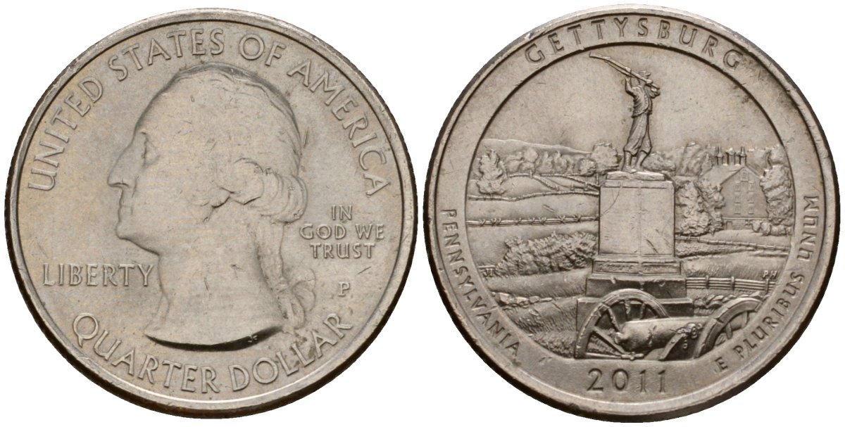 США 25 центов = квотер 2011 P, серия национальные парки, национальный парк Геттисберг KM 494 медь плакированная медно-никелем 4603-1214