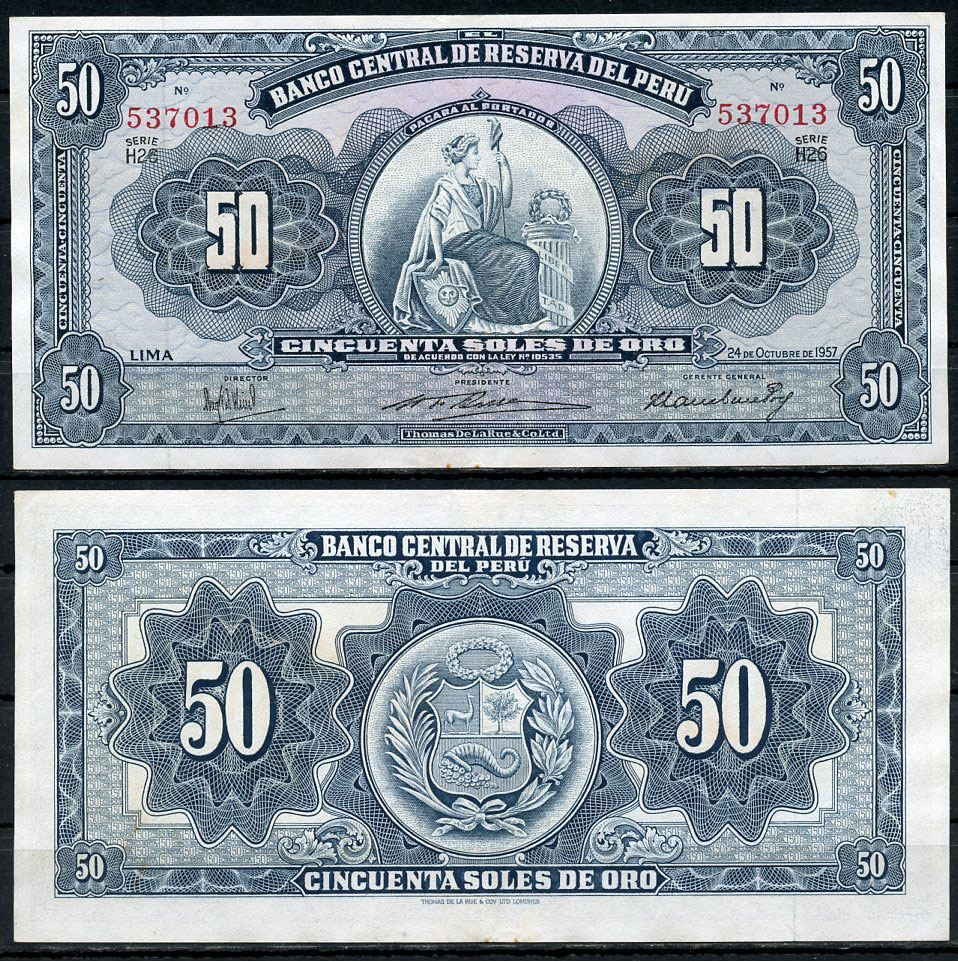 Перу 50 солей 1957 сидящая свобода, Thomas de la Rue Pick 78 a  бумага   451-730-1
