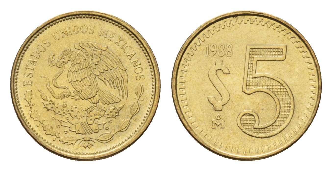 Мексика 5 песо 1988 KM 502 латунь UNC 4596-152