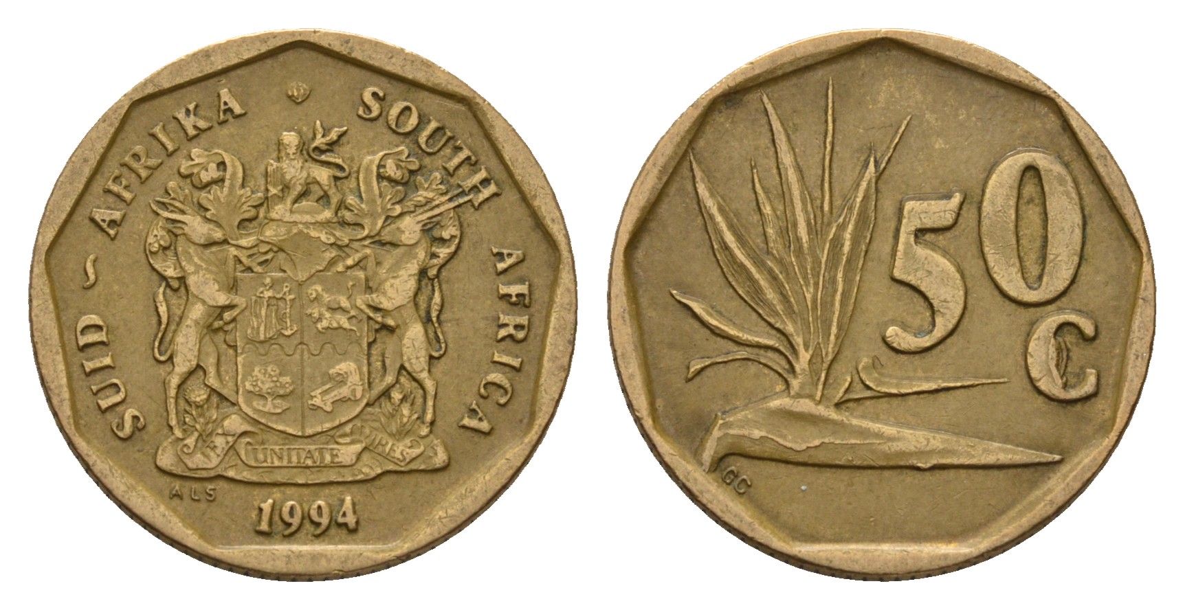 ЮАР 50 центов 1994 Зантедеския Эллиота (калла), герб KM 137 сталь плакированная бронзой 3336-232