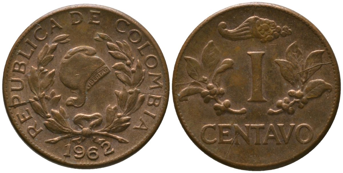 Колумбия 1 сентаво 1962 KM 205, Schon 25, Hernandez 335, Restrepo 350 бронза 4576-1143