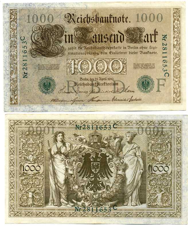 ГЕРМАНИЯ 1000 МАРОК 1910 21 АПРЕЛЯ 1910, ЗЕЛЁНАЯ ПЕЧАТЬ, СЕМИЗНАЧНЫЙ НОМЕР Pick 45b бумага 7198-31-1-1