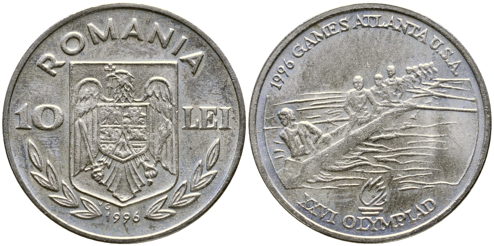 Румыния 10 леев 1996 XXVI олимпийские игры 1996 года в Атланте, гребля на байдарке, восьмерка KM 125 никелированная сталь  UNC  3999-855