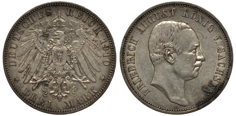 Саксония 3 марки 1910 E, Фридрих Август III (1904-1918) Weege 132, J. 135, KM 1267 серебро 3711-1333