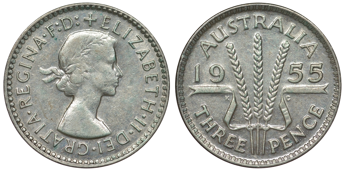 Австралия 3 пенса 1955 m, Елизавета II (1952-2022) KM 57 серебро 71-421