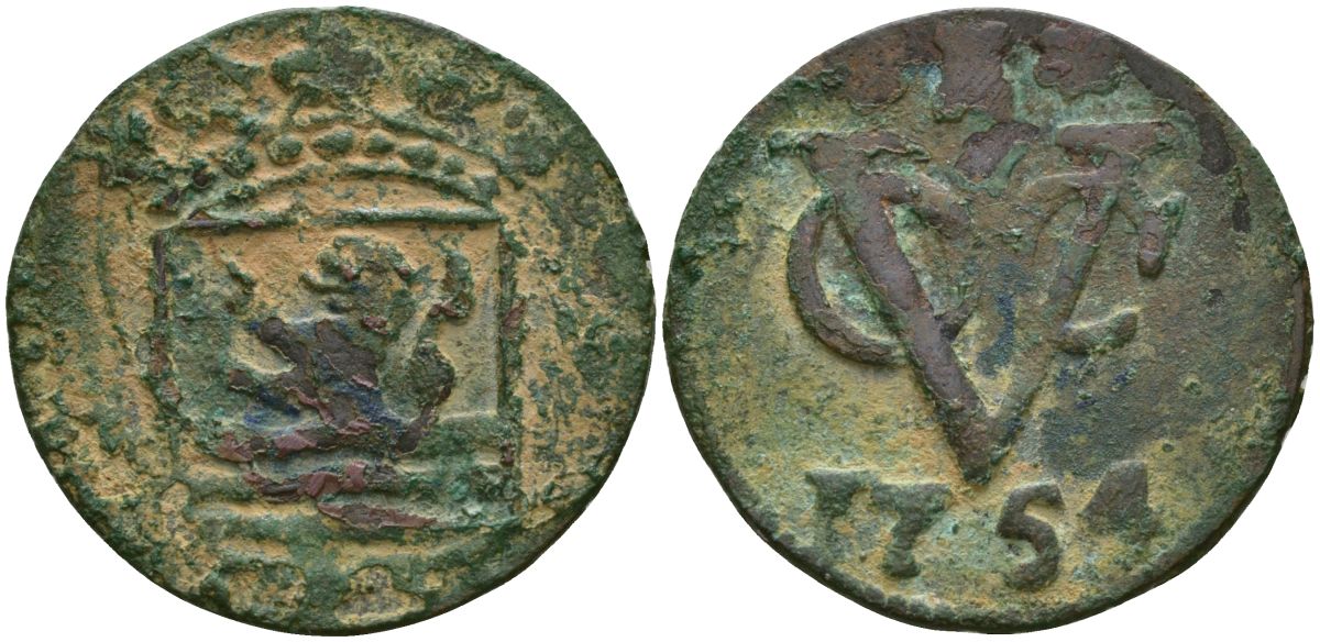 Нидерландская Ост-Индия 1 дуит 1754 Зеландия (Zeeland) KM# 152.3 медь 4573-1136