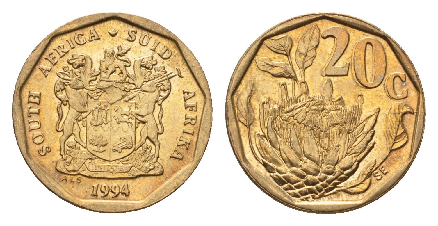 ЮАР 20 центов 1994 герб, цветок протея KM 136 сталь плакированная бронзой UNC 4694-837