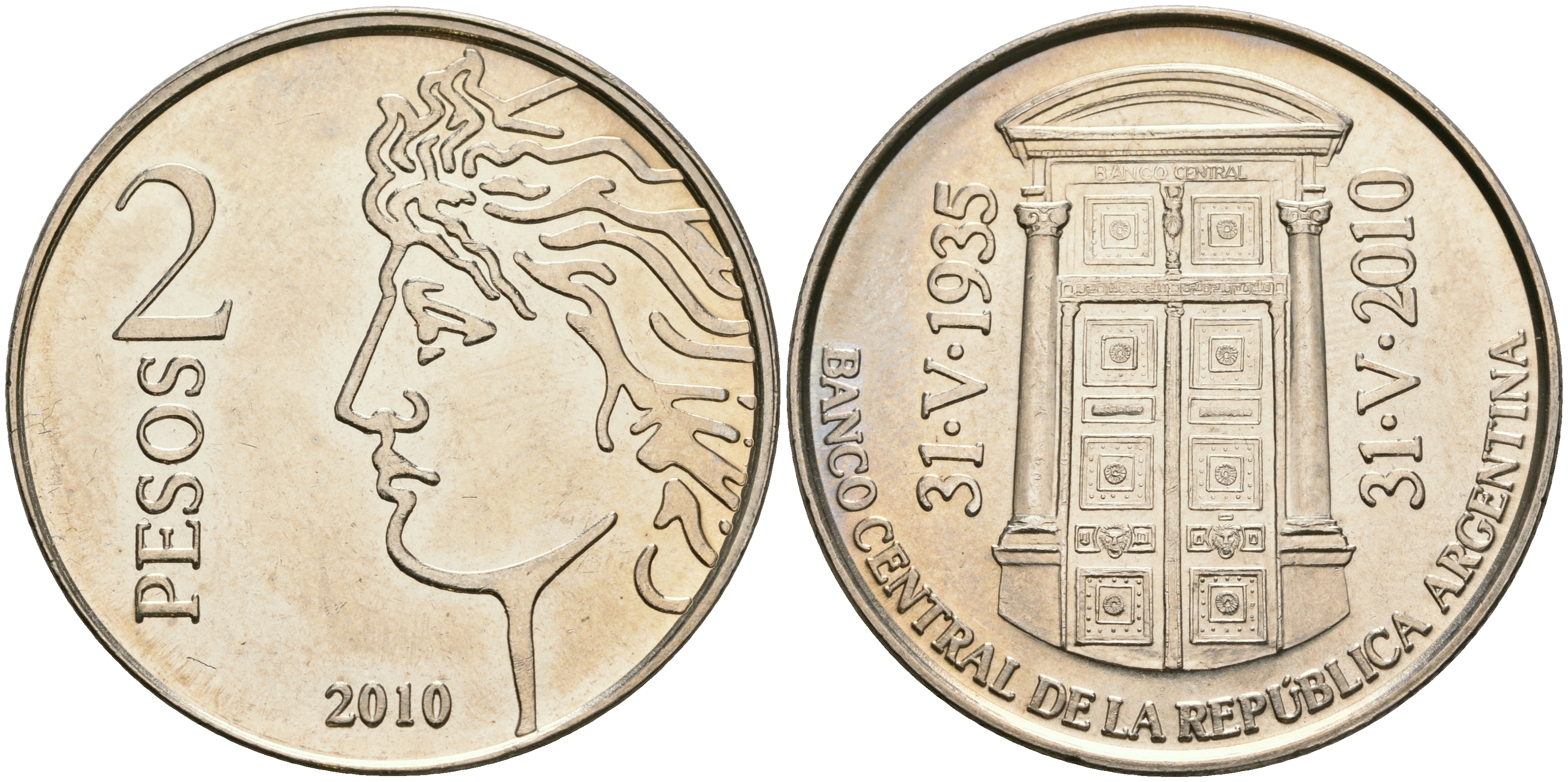 Аргентина 2 песо 2010 75 лет Центральному Банку KM 162 медно-никель UNC 08-746