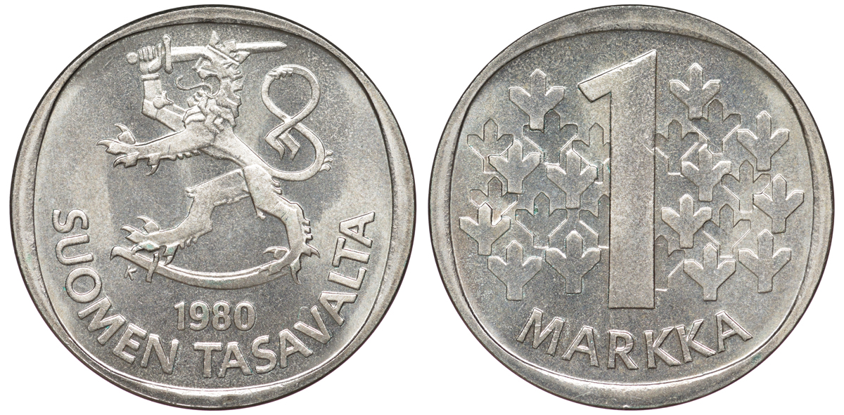 Финляндия 1 марка 1980 K KM 49а медно-никель UNC 259-433
