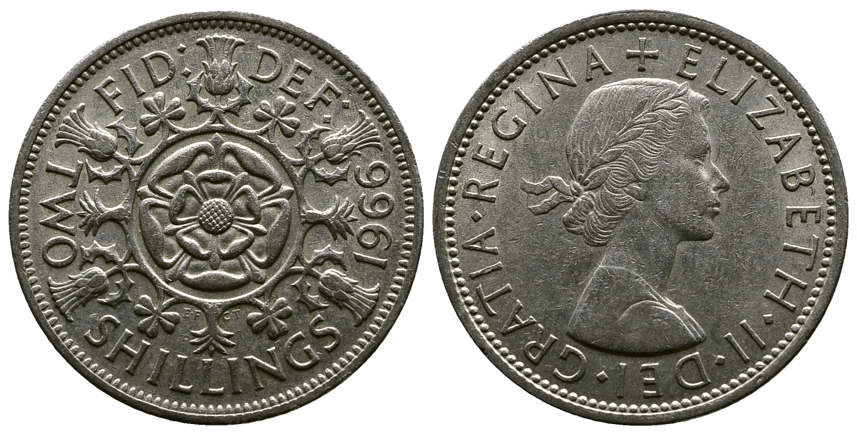 Великобритания 2 шиллинга (флорин) 1966 Елизавета II (1952-2022) KM 906, Spink 4146 медно-никель 4382-624