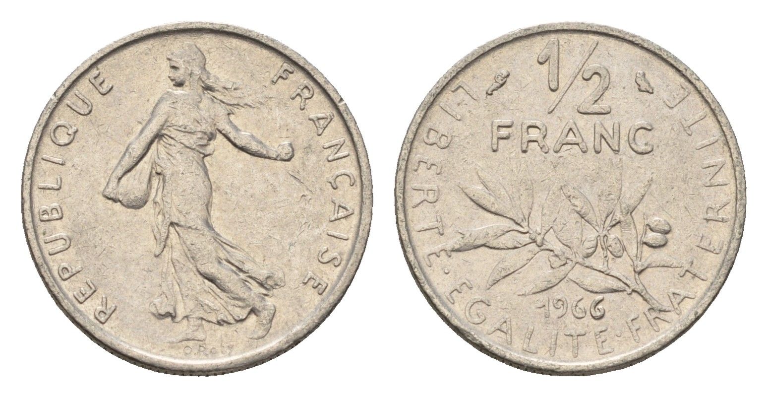 Франция 1/2 франка 1966 сеятель KM 931.1 никель 4674-621
