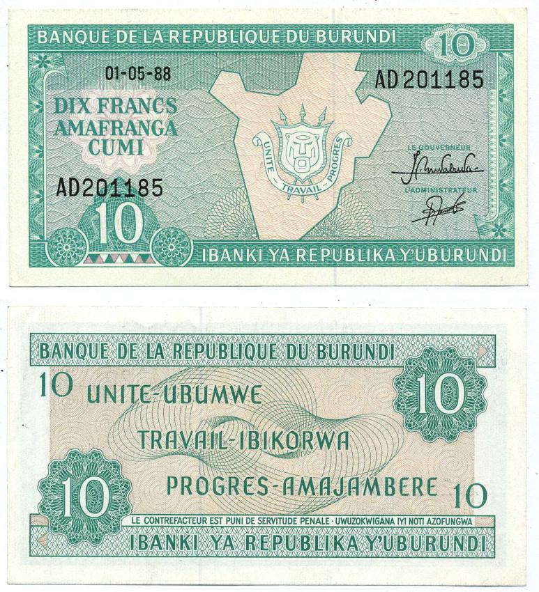 БУРУНДИ 10 ФРАНКОВ 1988 1 МАЯ 1988 Pick 33b бумага UNC (ПРЕСС) 8595-23-3-2