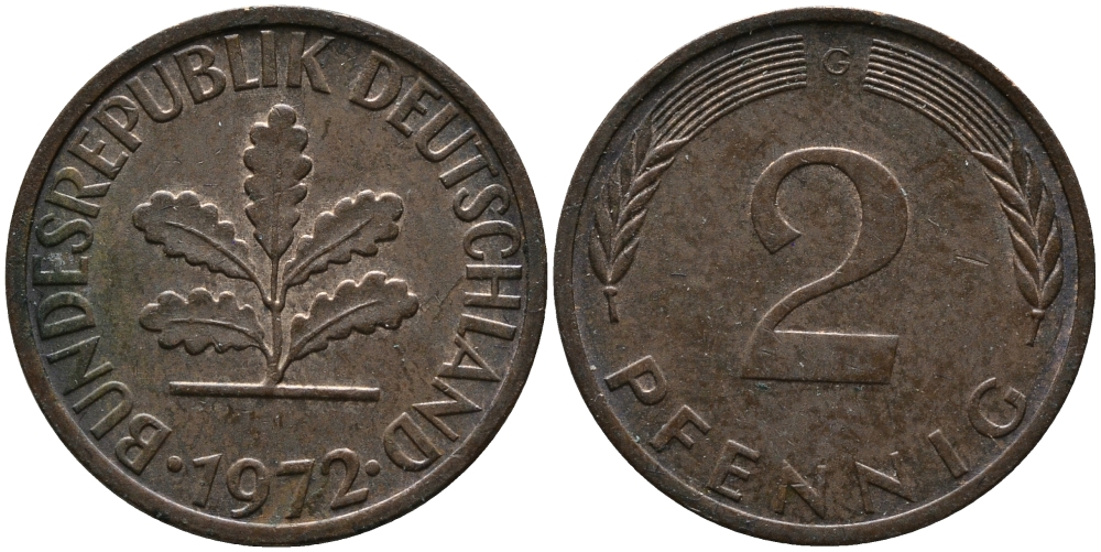 ФРГ 2 пфеннига 1972 G KM 106а, J.381а сталь плакированная медью 99-215