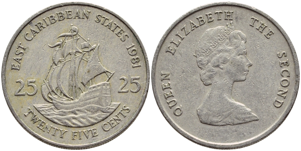 Восточно-Карибские штаты 25 центов 1981 Елизавета II (1952-2022), парусник KM 14 медно-никель 87-812