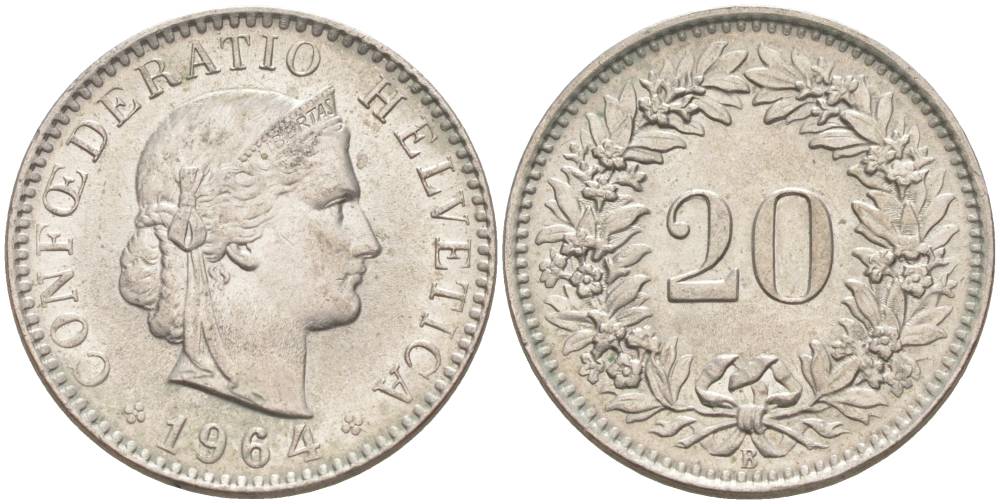 Швейцария 20 раппенов 1964 B KM 29a медно-никель 55-836