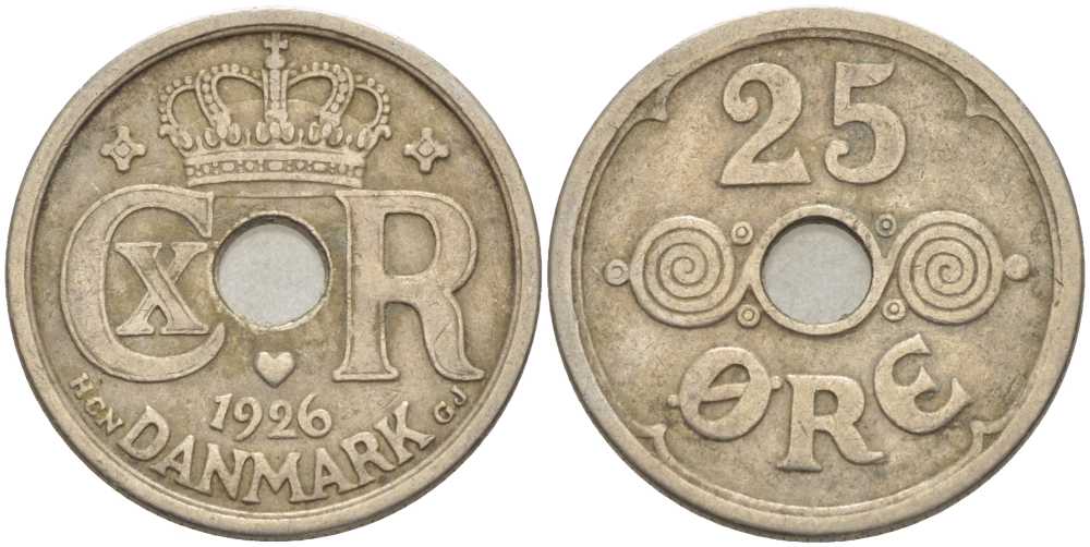 Дания 25 эре 1926 HCN ; GJ, Кристиан X (1912-1947) KM 823.1 медно-никель 4383-514