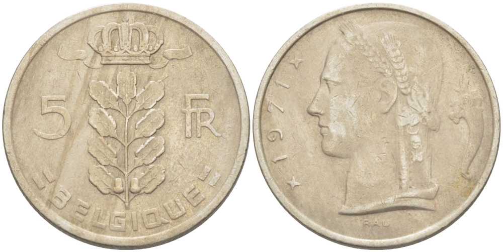 БЕЛЬГИЯ 5 ФРАНКОВ 1971 BELGIQUE, БОДУЭН I (1951-1993) KM 134.1 медно-никель 213-612