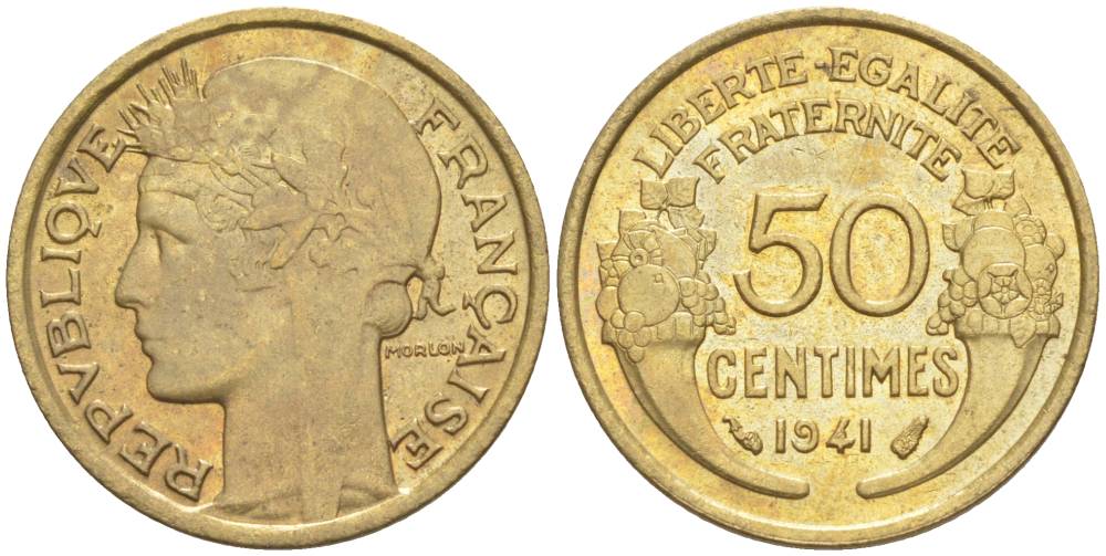 ФРАНЦИЯ 50 САНТИМОВ 1941 ТИП MORLON KM 894.1, LE FRANC 192.18 алюминиевая бронза 44-553