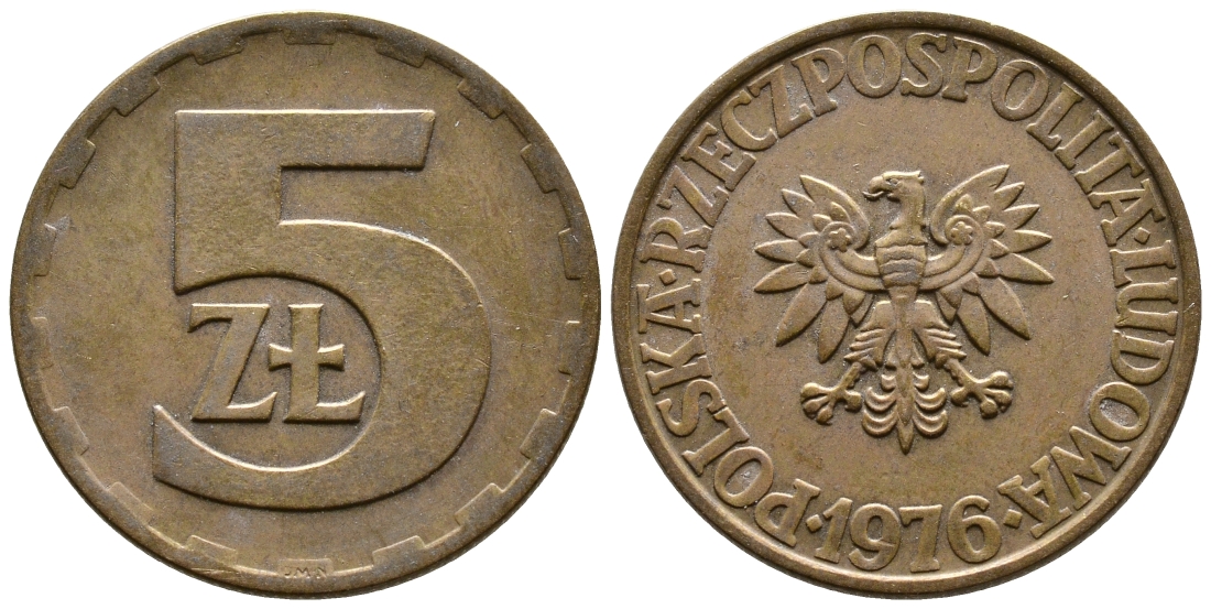 Польша 5 злотых 1976 монетный двор Ленинград (ЛМД) KM 81.1, Parchimowicz 221b латунь 56-937