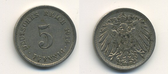 ГЕРМАНИЯ 5 ПФЕННИГОВ 1914 A, KM 11, J. 12 медно-никель 54-715