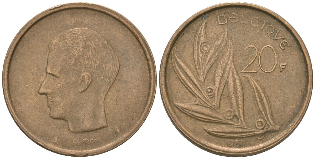 Бельгия 20 франков 1981 BELGIQUE, Бодуэн I (1951-1993) KM 159 никель бронза 4561-1053