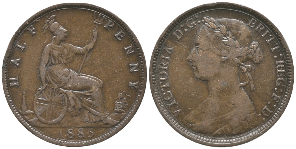 Великобритания 1/2 пенни 1886 Виктория (1837-1901) KM 754, Spink 3956 бронза 34-156