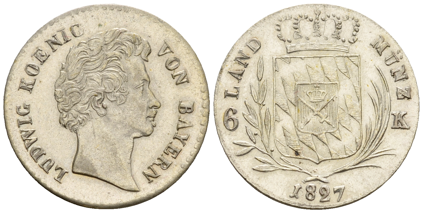 Бавария 6 крейцеров 1827 Людвиг I (1825-1848) KM 729, AKS 80 серебро aUNC 413-5232